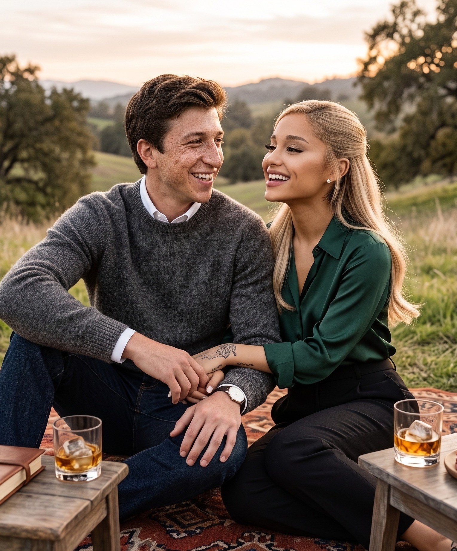 Olivia e Henry sentados juntos, sorrindo